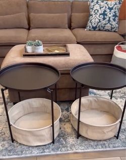 Modern Bronze Colored Metal Side Tables, Nightstands with Storage Baskets