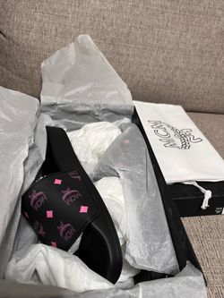 MCM monogram print black and pink slides