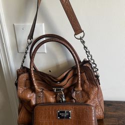 Michael Kors Hamilton Genuine Leather Bwn Satchel Shoulder Bag Purse With Wallet