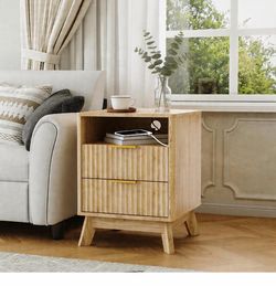 Takywep Fluted Nightstand with Charging Station, 18'' Wood Bedroom Storage End Table, Nightstand with 2 Drawers & Open Cubby, 2 USB & AC Outlets, Mode