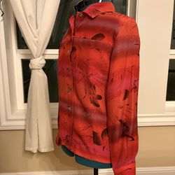 Women’s Size 1 Red With Botanical Pattern Button Up Shirt - 100% Silk - Chico’s