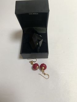 Costume Jewelry Lot - Red Bead Dangle Earrings & Black Stone Ring