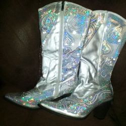 Stylish Silver Sequin Cowboy Boots! Great Costume Accessories! Sz 9
