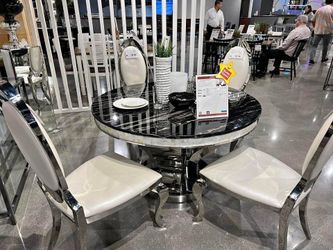 Brand New Black Marble Dining Table/Set with Sculptural Carved Chrome Base