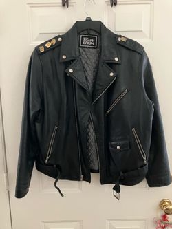 Joseph Barry Black Genuine Leather Biker Jacket Size L with Pins Zip Pockets Sleeves in a Good Condition