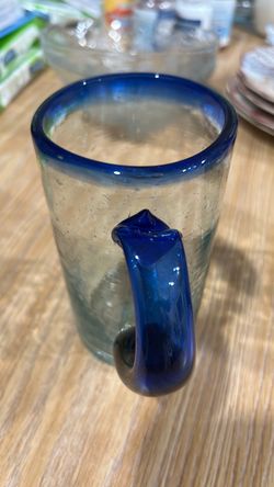 Mexican Hand Blown Art Glass Beer Mug Cobalt Blue Rim