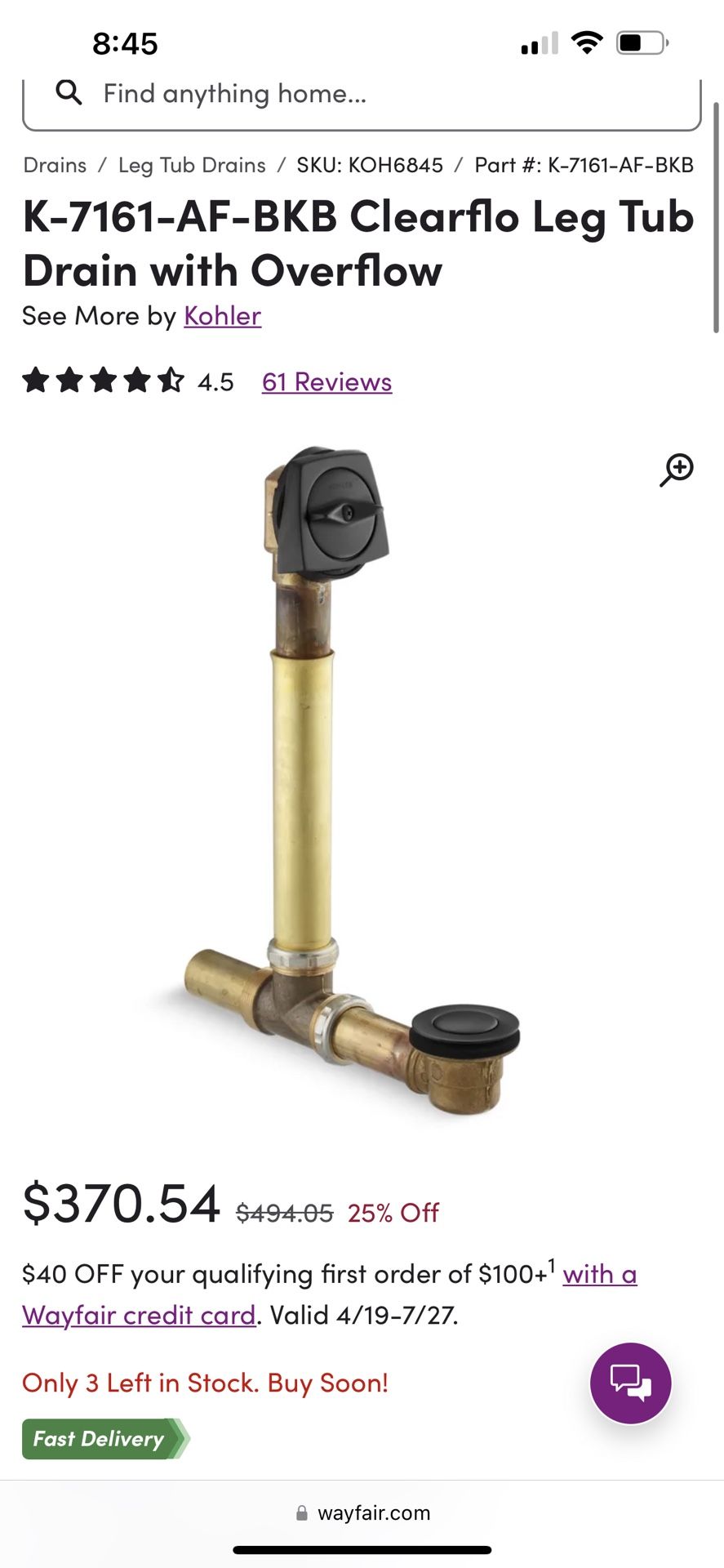 Clearflo Leg Tub Drain With Overflow
