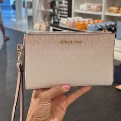 Michael Kors jet set double zip wristlet wallet smartphone case Powder Blush
