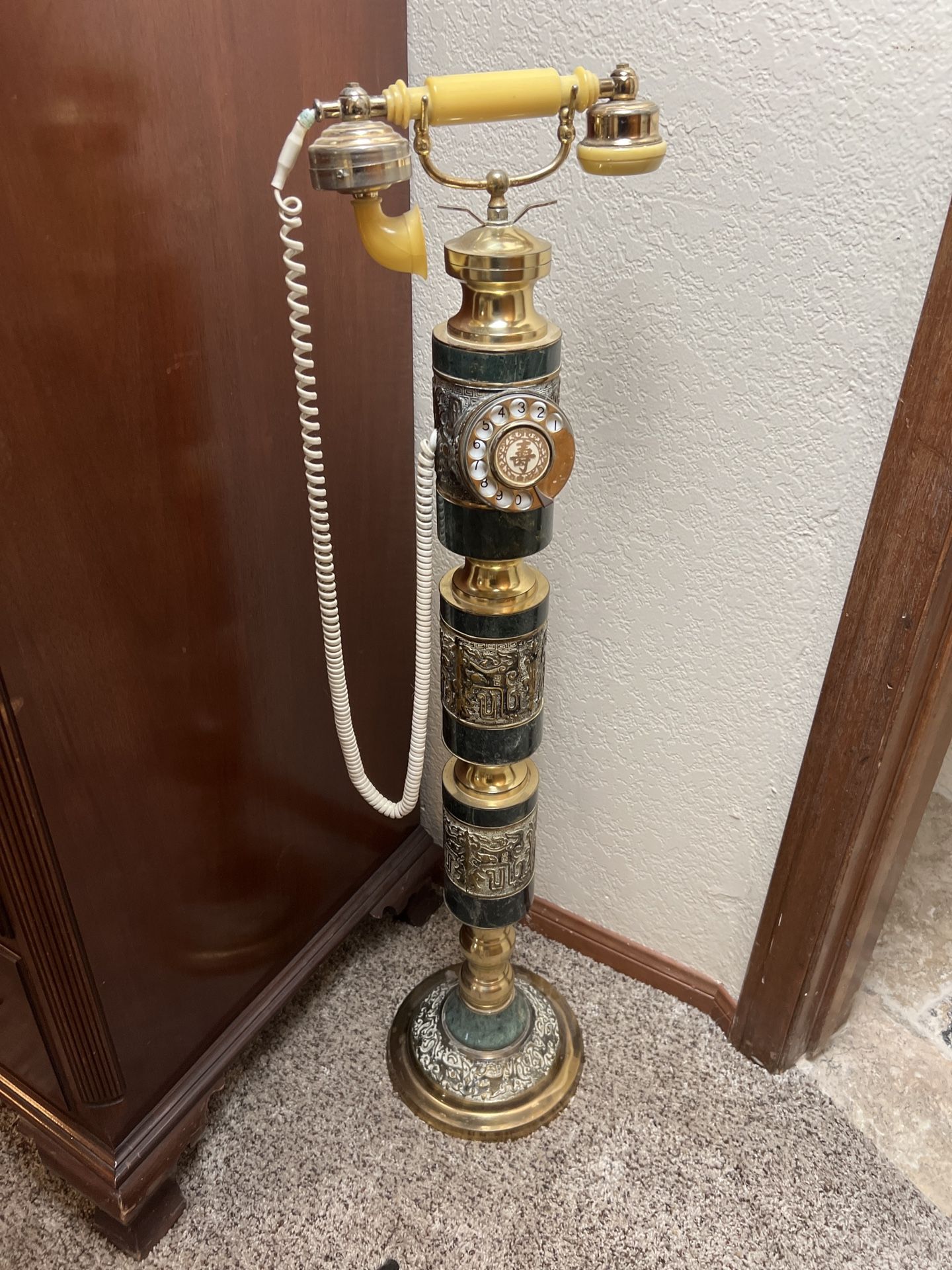 VTG Brass & Marble Pedestal Rotary Telephone 39” Ornate Taiwan ROC Works Display 