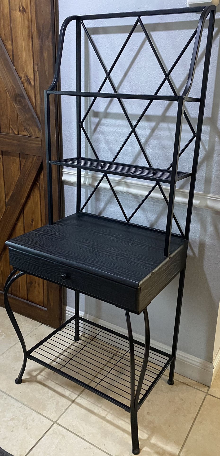 Bakers Rack/Stand Metal With One Wood Drawer All Black