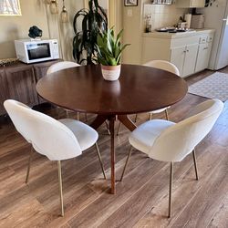 Mid-Century Round Dining Table + 4 Velvet  Chairs