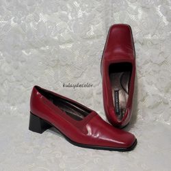 Sesto Meucci Made in Italy Burgundy Leather Block Heel Vintage Red Pumps 8 ½ N Square Toe Shoes