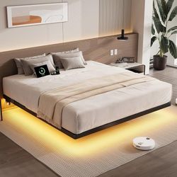 King Size Floating Bed Frame with USB Charging Station and Smart LED Lights, Heavy Duty Metal Platform Bed with Underbed Storage Space, Easy