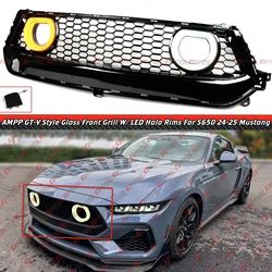 24-26 Mustang GT-V Style Gloss Black Front Grille W/ LED Halo