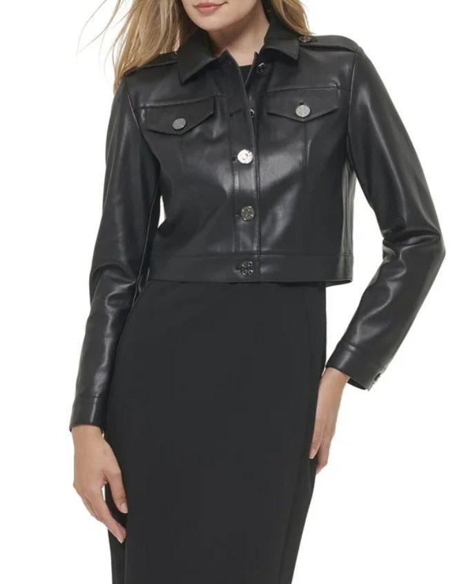 WOMENS COLLARED CROPPED LEATHER JACKET IN BLACK