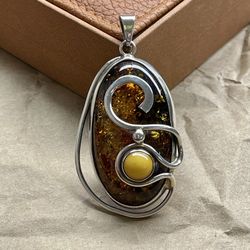 Large Sterling Silver Amber Pendant 