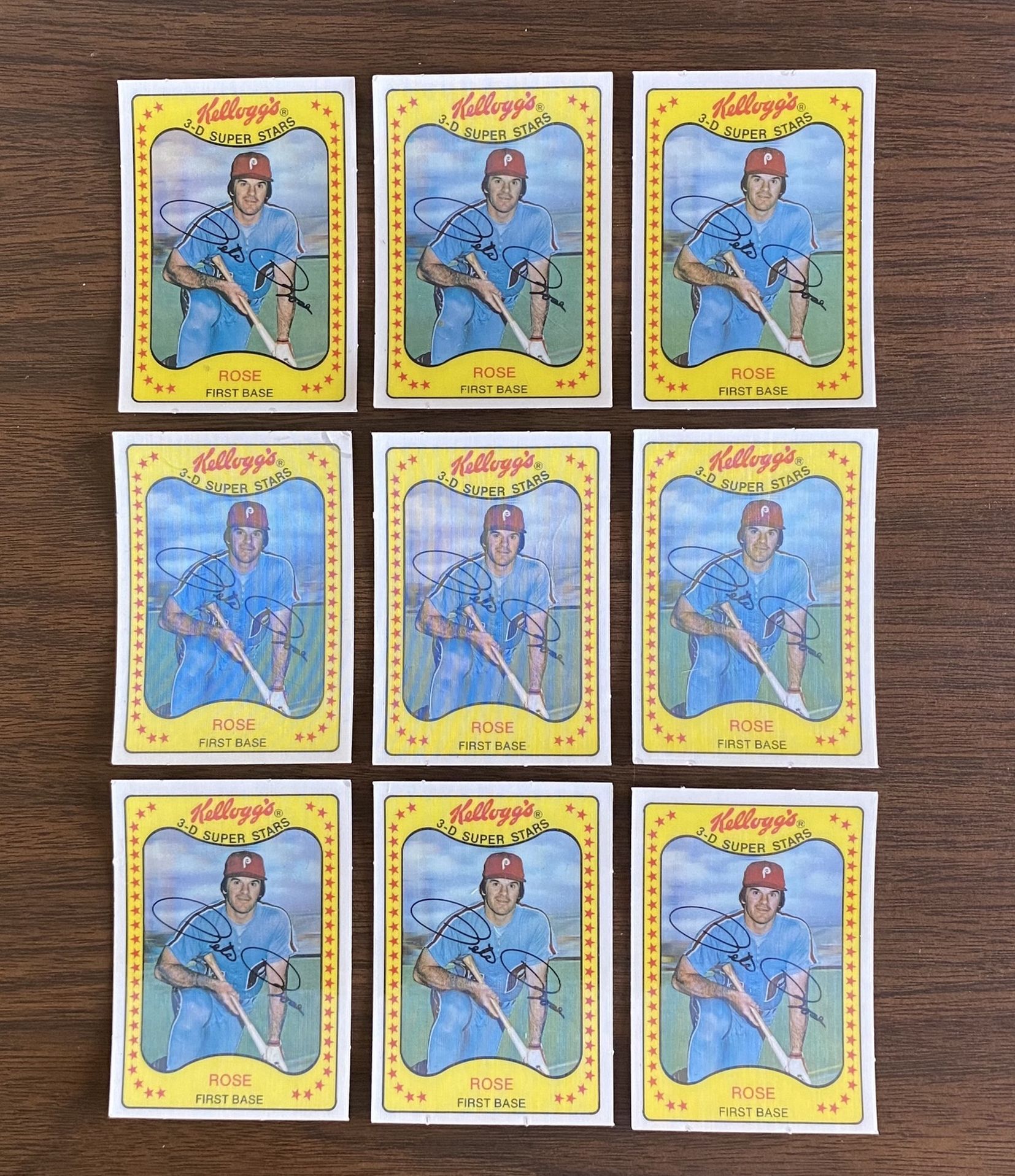 LOT OF 9 PETE ROSE 1981 KELLOGG’S BASEBALL CARDS # 63 PHILADEPHIA PHILLIES