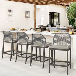 Set of 4 Outdoor Bar Stools, Rattan Outdoor Counter Height Bar Stools 26.5" H Woven Rope Patio Bar Chairs with Aluminum Legs for Kitchen, Slate Gray