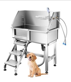 34" Pet Grooming Bath Tub Pet Dog Shower Wash Station w/ Stairs, Stainless Steel