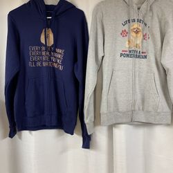 2 Hooded Sweatshirts With Pomeranians On Front And A Humorous Message