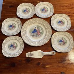 Salem 23k Gold Victorian Ladies Serving Platter, 6 Plates And Pie Server