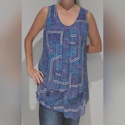 Papa Vancouver Boho flowy blue geometric layered tunic tank top size L 