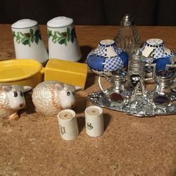Lot Of Seven Salt And Pepper Shakers Sheep Mackinac Bridge Eureka Springs Bathtub And Soap Christmas Mistletoe MCM Checkers And A Mini