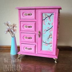 Small Refinished Floral Pink Jewelry Box