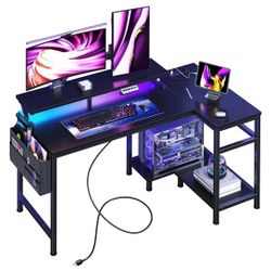 40” Reversible L-Shaped Gaming Desk with LED Lights, USB Charging & Storage Shelves
