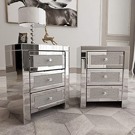 Mirrored End Table Set of 2, Mirror Crystal Accent Side Table w/3 Drawers, Finished Nightstand （Silver&Crystal)