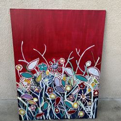 A Colorful Oil Painting On Canvas, “Whispers of a Crimson Garden”
