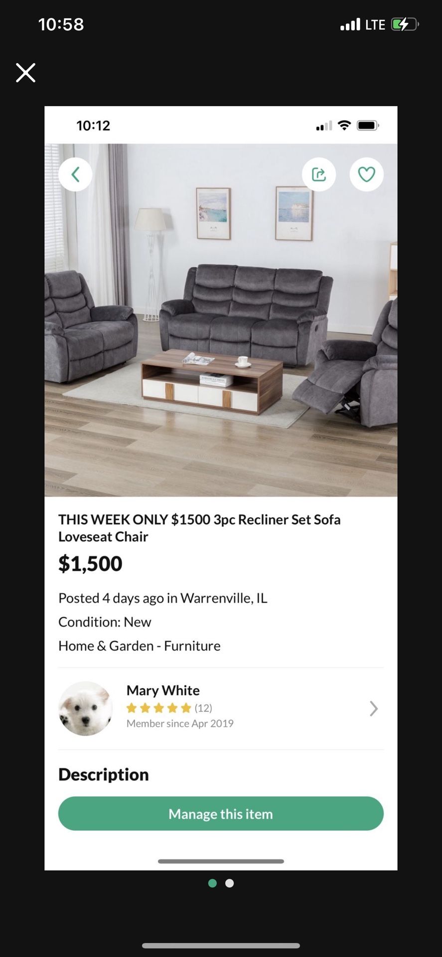 3pc Recliner Set NEW $1500