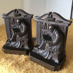 Antique Robson Cast Bookends Of Scholar In The Library