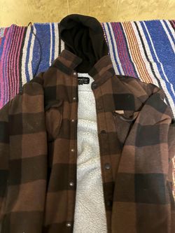 brown and black buffalo plaid sherpa-lined hooded shirt jacket