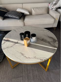 Modern Marble-Style Round Coffee Table with Gold Base