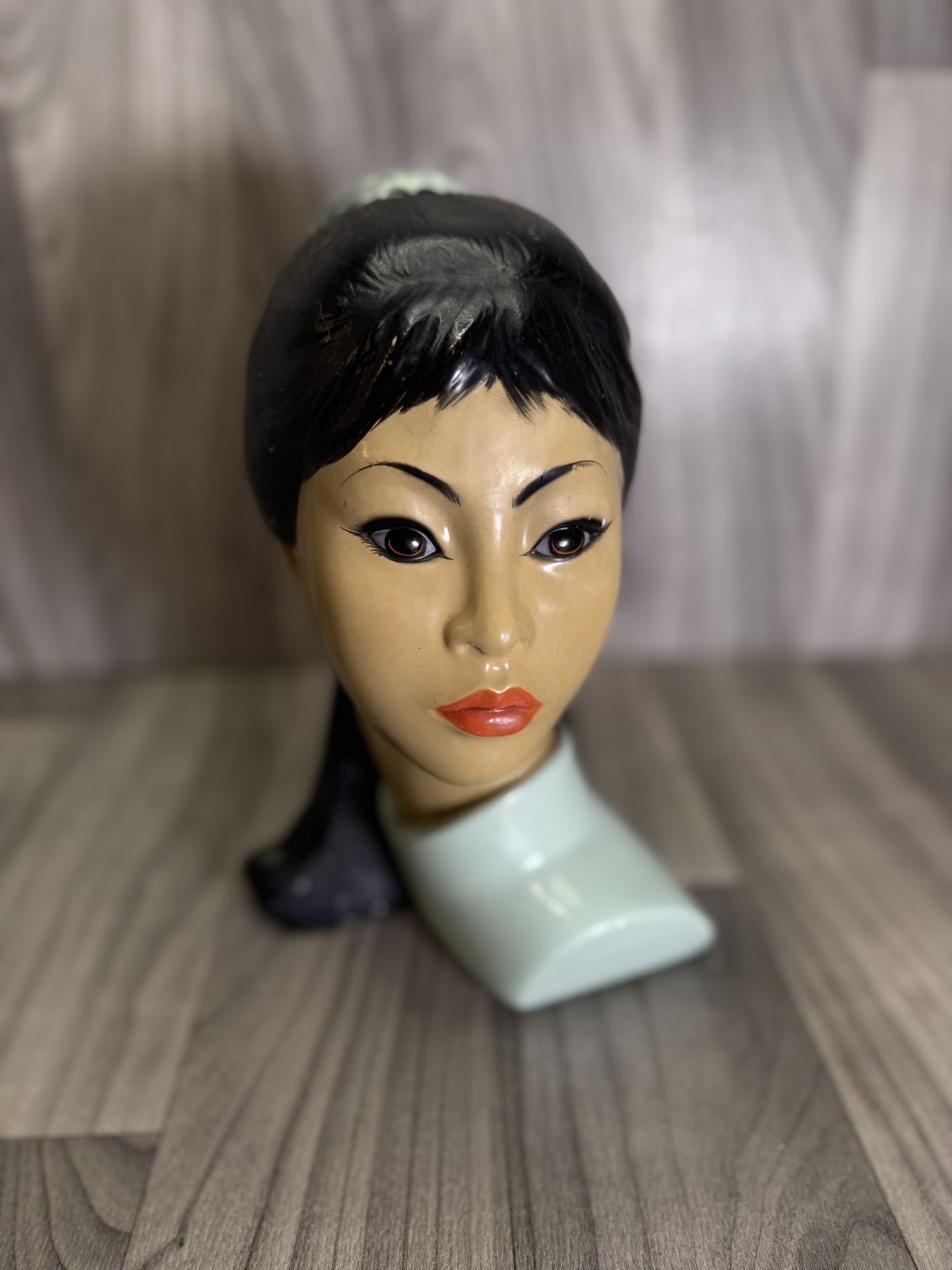Vintage 1965 Marwal by Brower Asian MCM Chalkware Bust Woman Black Ponytail
