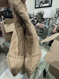 Beige Studded Ankle Boot Heels Size 6