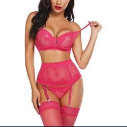 ADOME Women Sexy Lingerie Set with Garter Bra and Panty Set Lace Babydoll Bodysuit Pink