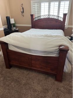 Wooden Queen Bed Frame with Iron Scrollwork