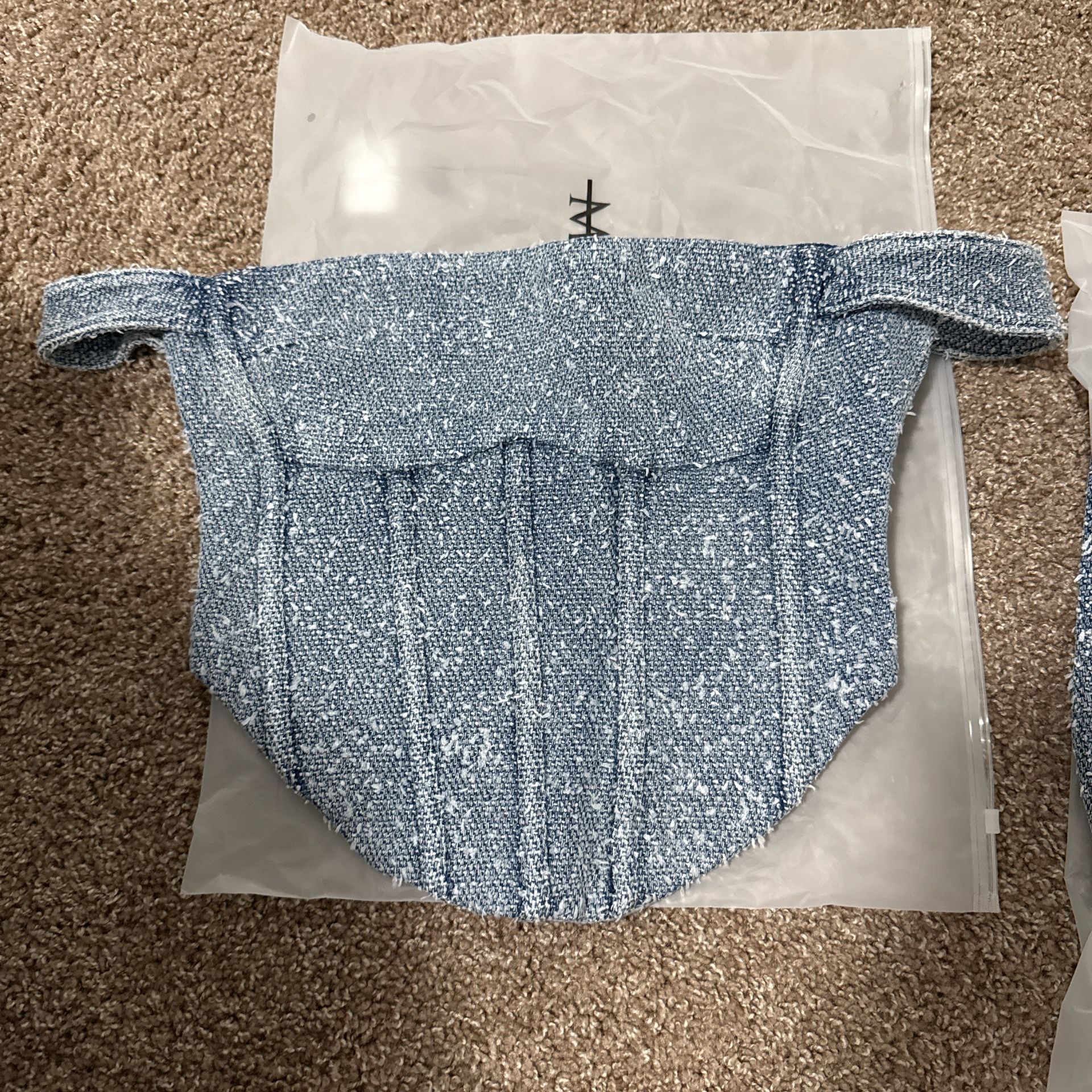 Manière De Voir US Size 6 Boucle Denim Bardot Corset Top and Mini Skirt in Mid Blue