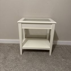 White Wood Nightstand / Side Table With Glass 