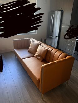 NEED THIS GONE THIS WEEKEND - Tan Faux Leather Sofa with Gold Legs