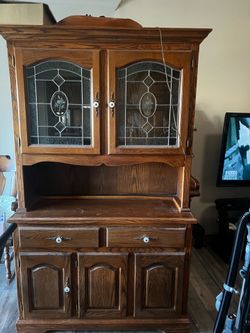 Oak china cabinet and table