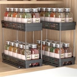 Spice Rack Organizer for Cabinet, 2 Pack Pull Out Spice Rack for Kitchen Inside Cabinets, Vertical Spice Organizer, 2-Tier Spice Cabinet Organizer Sli