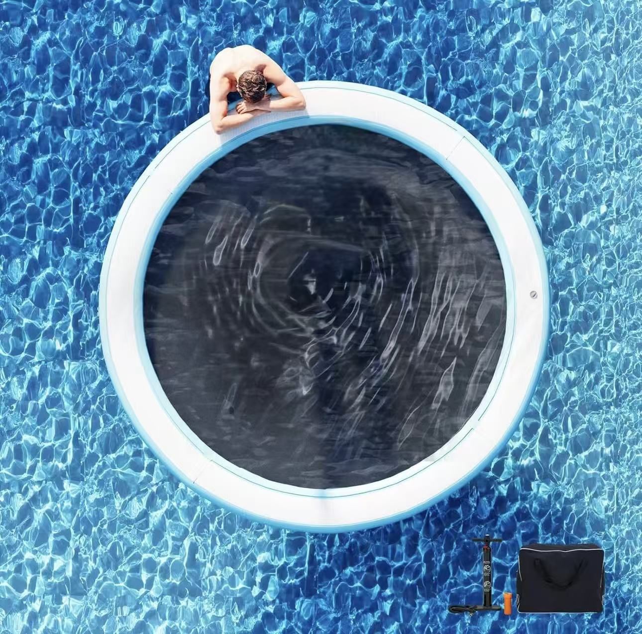 12FT Round Inflatable Floating Dock, Sunchill Float Ring, Hammock Tanning Pool with 4in Woven Fabric 