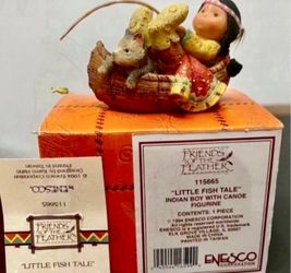 Enesco Friends of the feather by Enesco 115665 Little fish tale Indian boy with canoe figurine 1994 Approx 2.5” x 4”