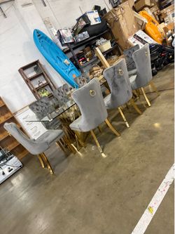 Dining set with 6 chairs, glass and gold-colored metal table, gray chairs with gold-colored studs, super elegant, new, $1200