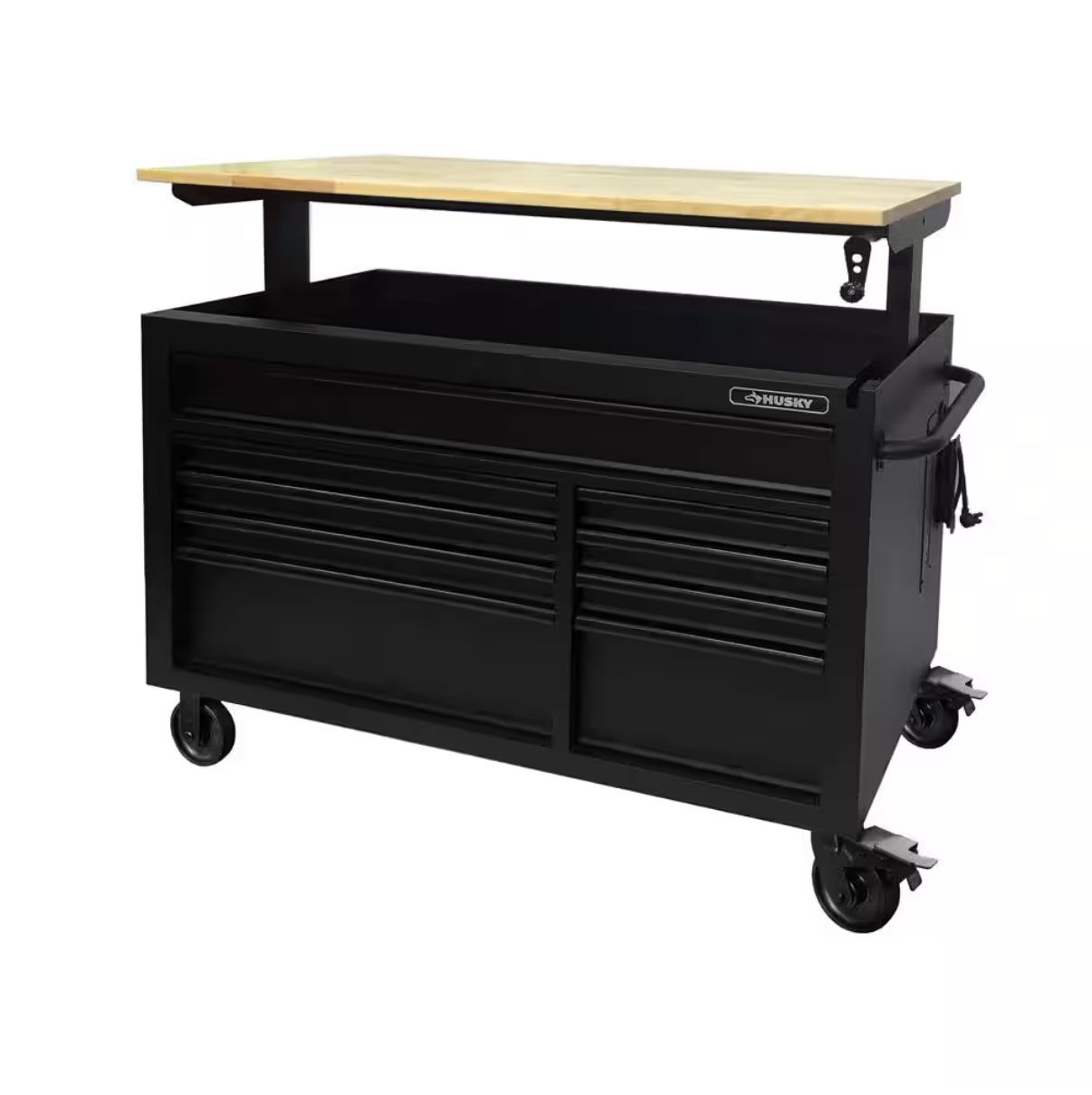 Husky 52 in. W x 25 in. D Heavy Duty 9-Drawer Mobile Workbench Cabinet with Adjustable-Height Hardwood Top in Matte Black