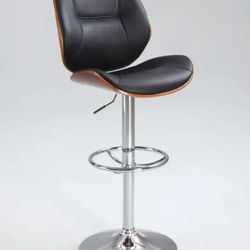 Two black leather and wood bar stools, great condition