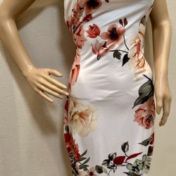 Summer Spring Orange Floral Print Bodycon Midi Dress Medium 6